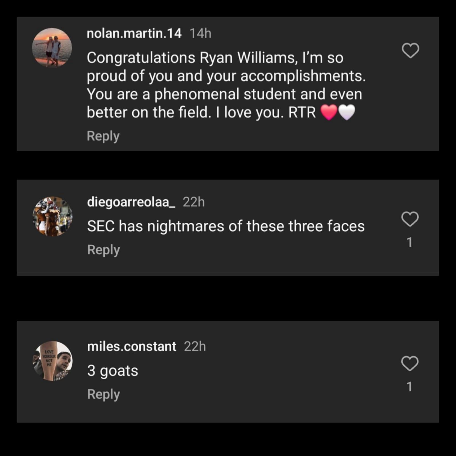 Fan reactions on @alabamafbl's IG post